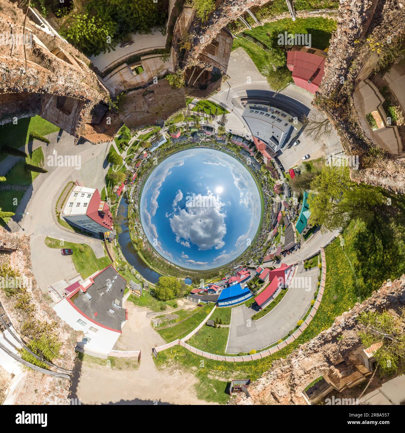 blue sphere inside overlooking old town, urban development, historic ...