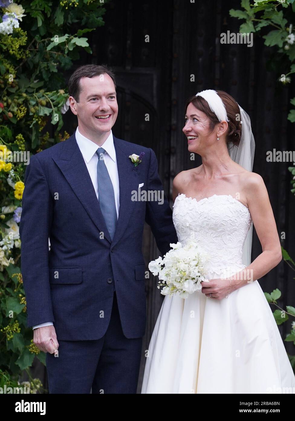 Former chancellor George Osborne with his wife and former adviser, Thea Rogers, outside St Mary's Church in Brunton, Somerset, following their marriage. Picture date: Saturday July 8, 2023. Stock Photo