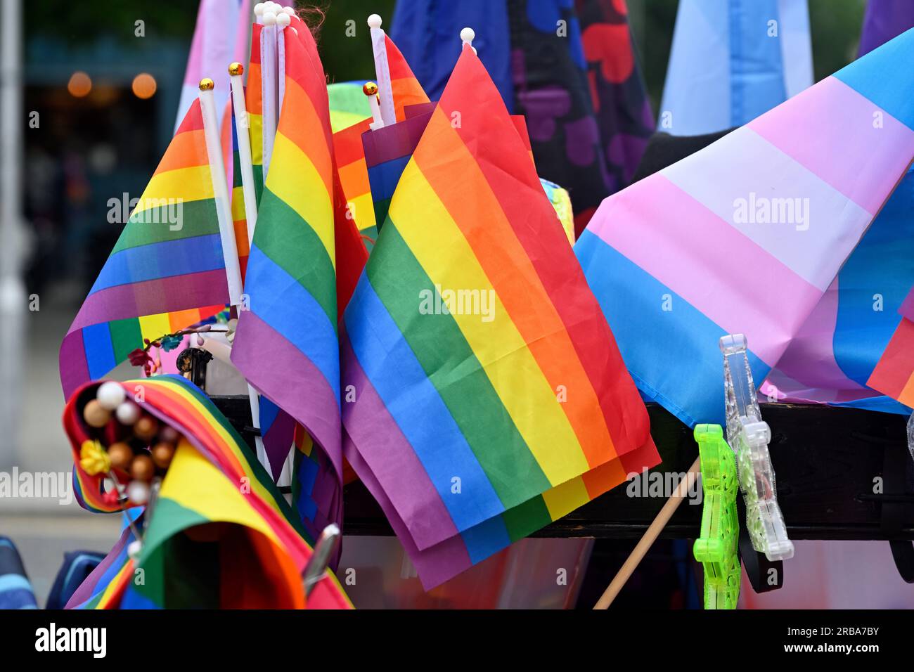 Flags Bristol Pride Day Weekend, 8 July 2023. Bristol, England city