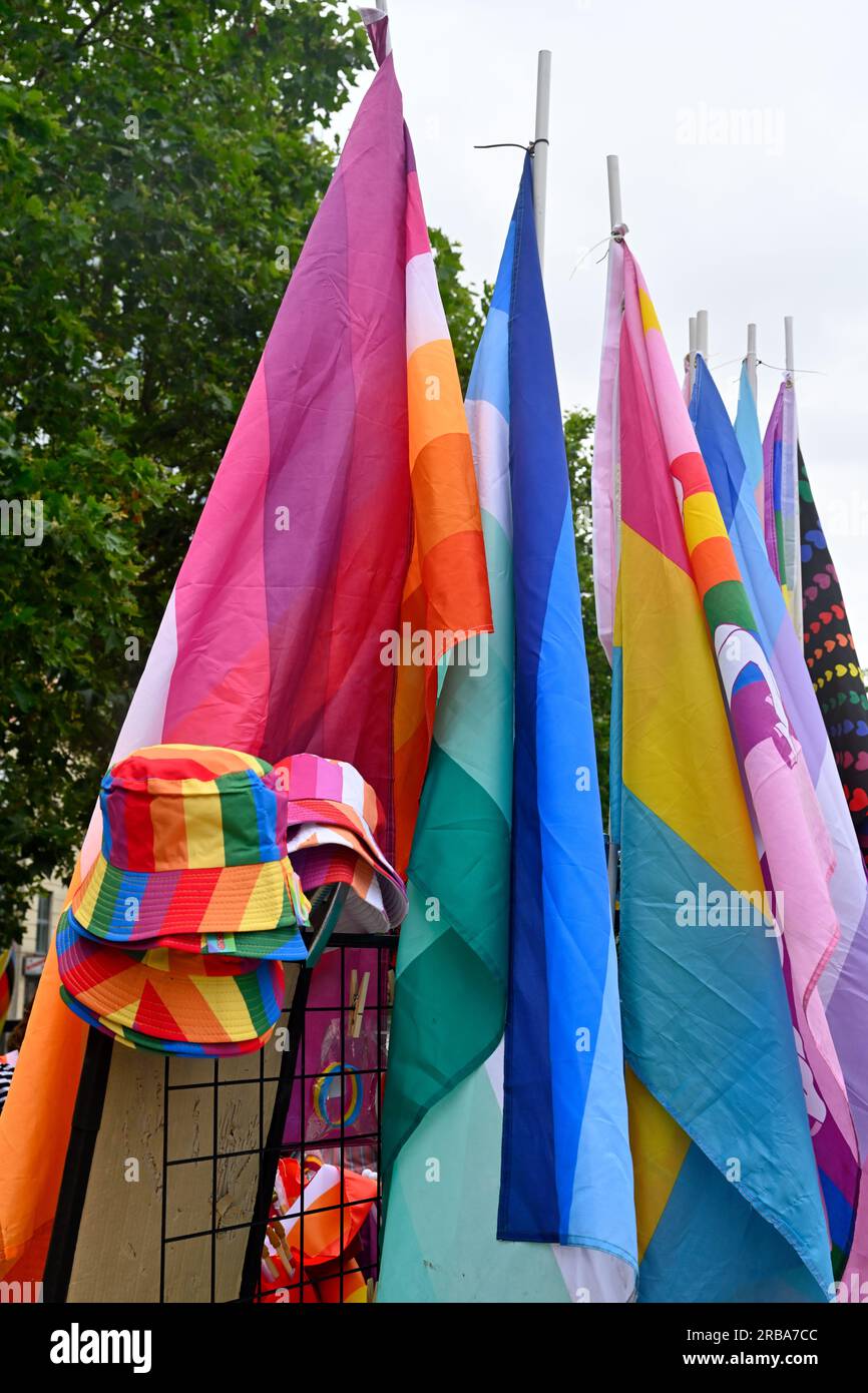 Flags and hats at Bristol Pride Day Weekend, 8 July 2023. Bristol, England city centre Stock Photo