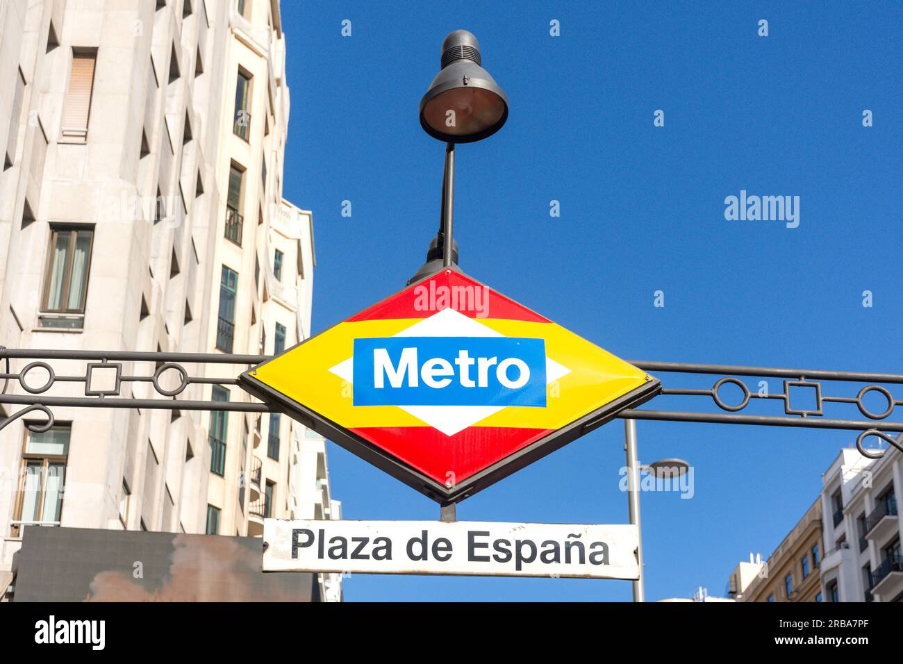 Vintage Metro entrance sign, Plaza de Espana, Centro, Madrid, Kingdom of Spain Stock Photo
