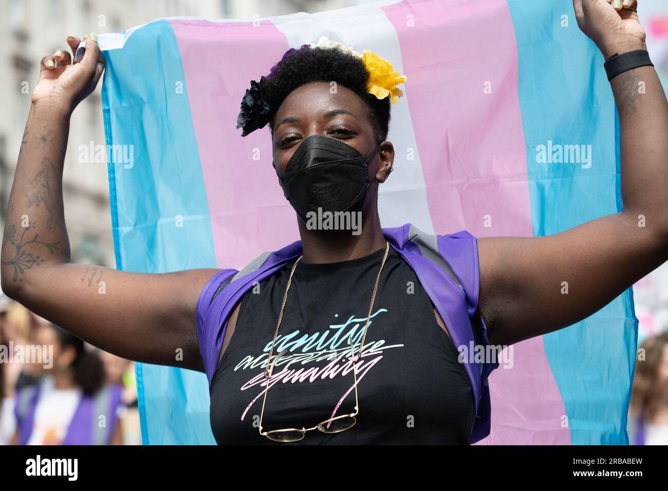 London, UK. 8 July, 2023. Thousands of transgender people and supporters gather in Trafalgar Square before marching to Hyde Park in the annual Trans+ Pride rally. Founded in 2019 by Lucia Blayke the event is both a celebration and a response to the discrimination faced by transgender people, calling for freedom and equality. Credit: Ron Fassbender/Alamy Live News Stock Photo