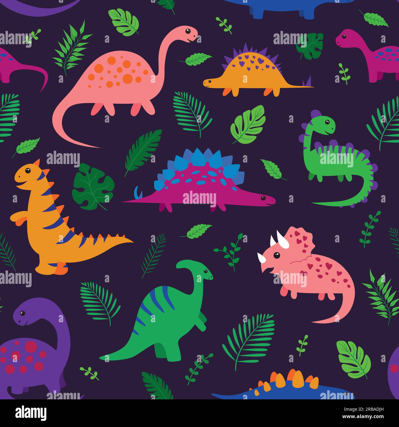 Pattern with cartoon cute dinosaurs and leaf Stock Vector Image & Art ...