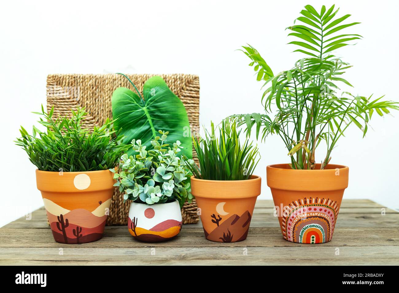 Artificial plants in clay terracotta pots. Hand painted with acrylics