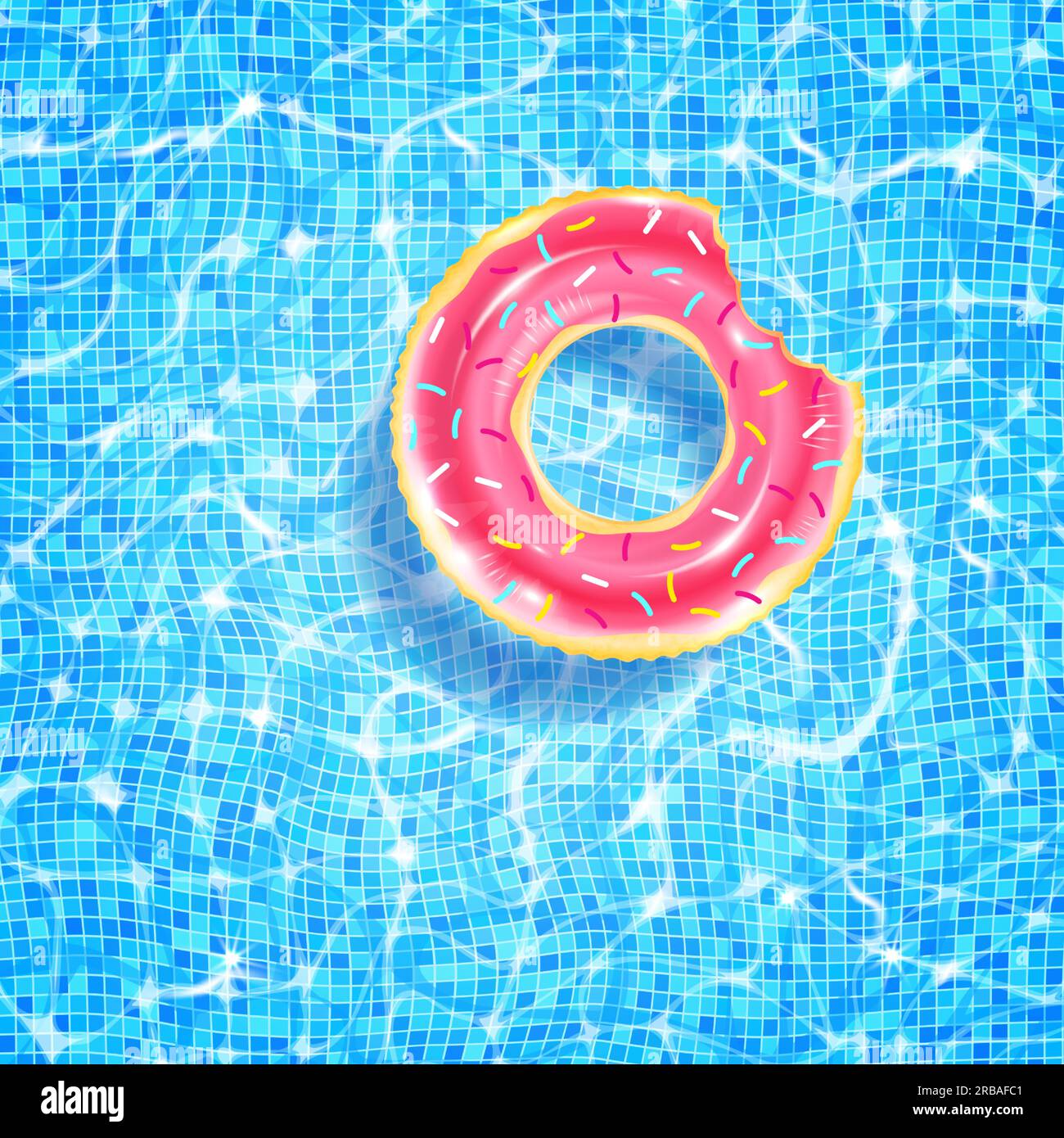 Swimming pool with floating ring, caustic ripple and sunlight glare effect. Aquatic surface with