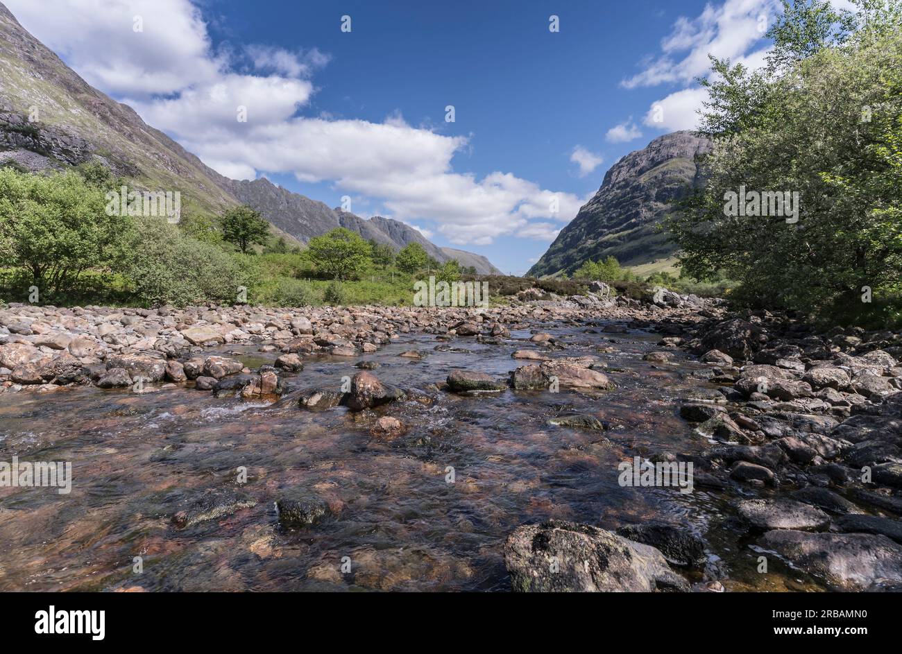 River Coe with mountains in background. Stock Photo