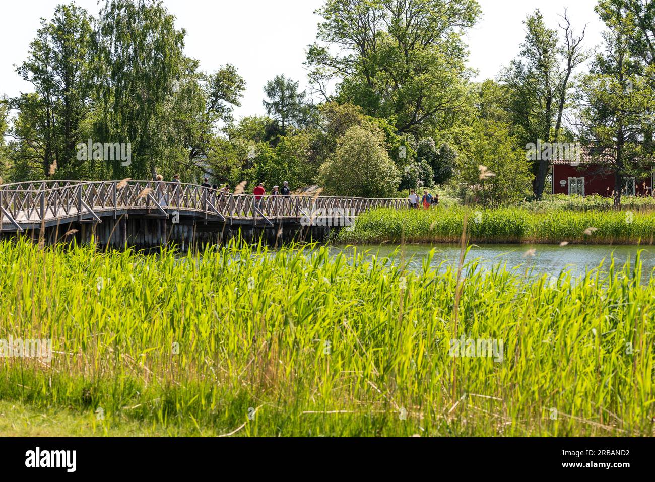 Beautiful view of wooden long bridge over lake in park on sunny summer day. Sweden. Stock Photo