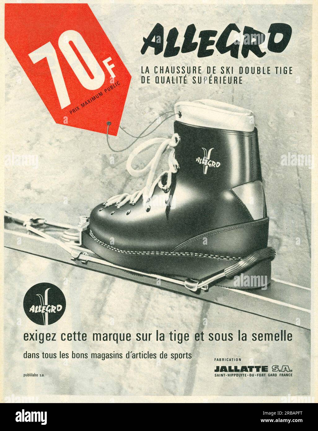 JALLATTE ALLEGRO ski shoes advert in a French magazine 1965 Stock Photo