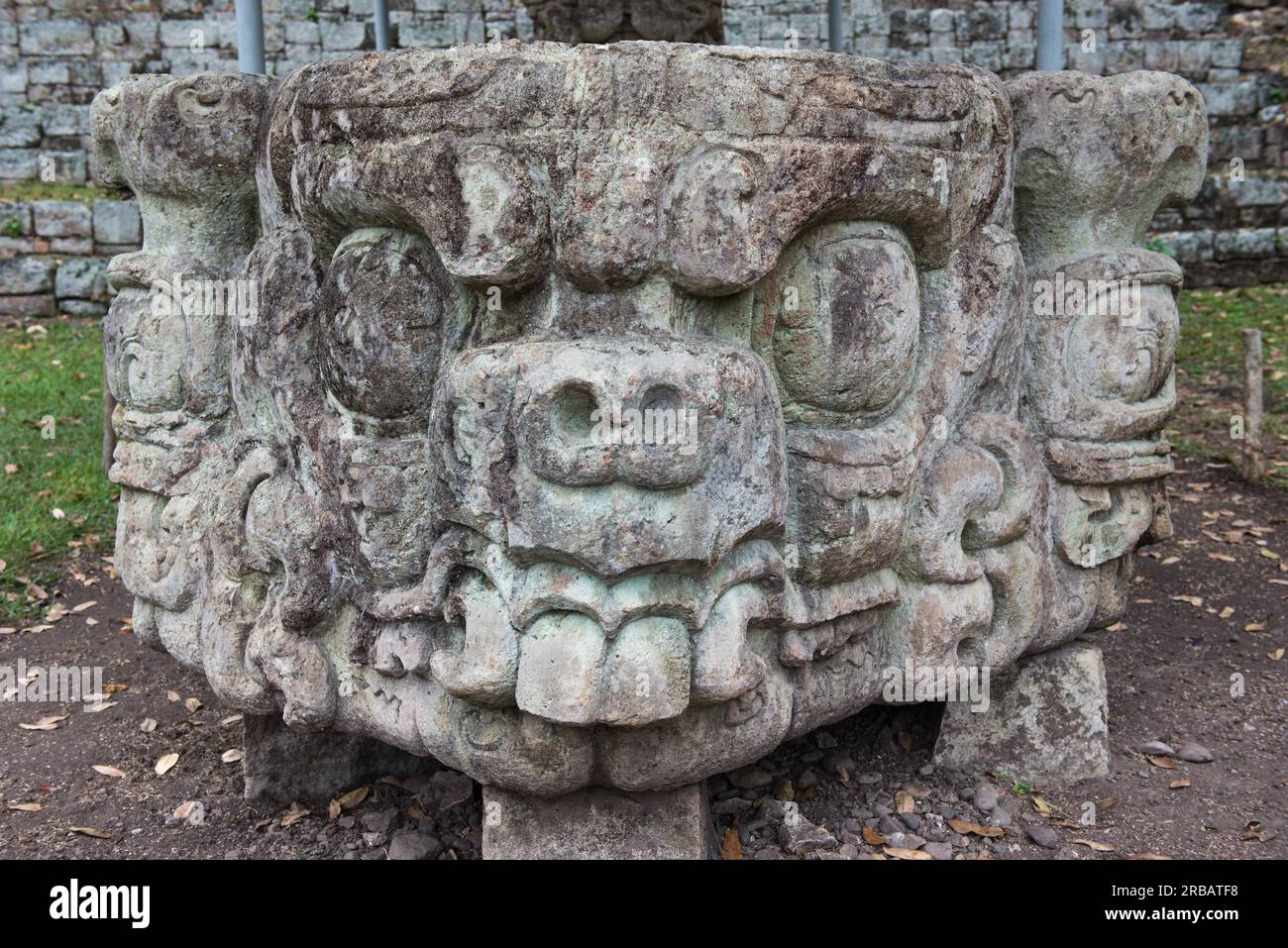 Sacrificial stone at Stele D, Plaza Principal, Sitio Arqueologico de Copan, Copan Ruinas, Honduras Stock Photo