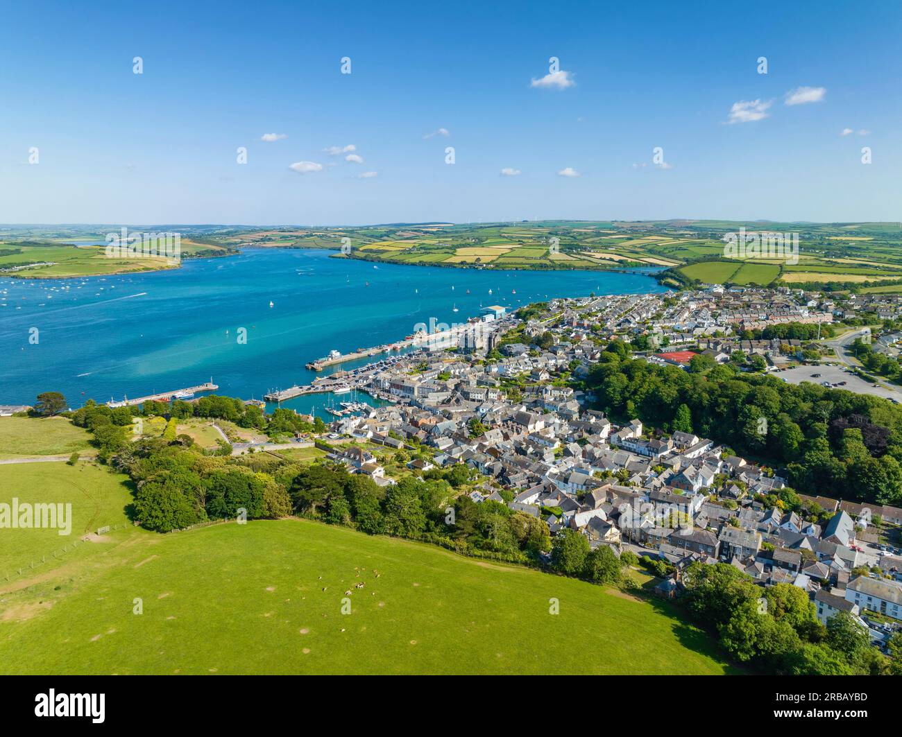 Aerial view of the harbour town of Padstow on the River Camel, North ...