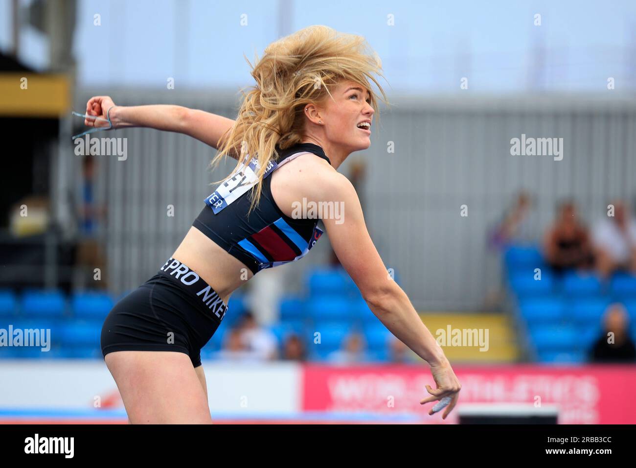 Lauren Farley watches her javelin in flight during the UK Athletics