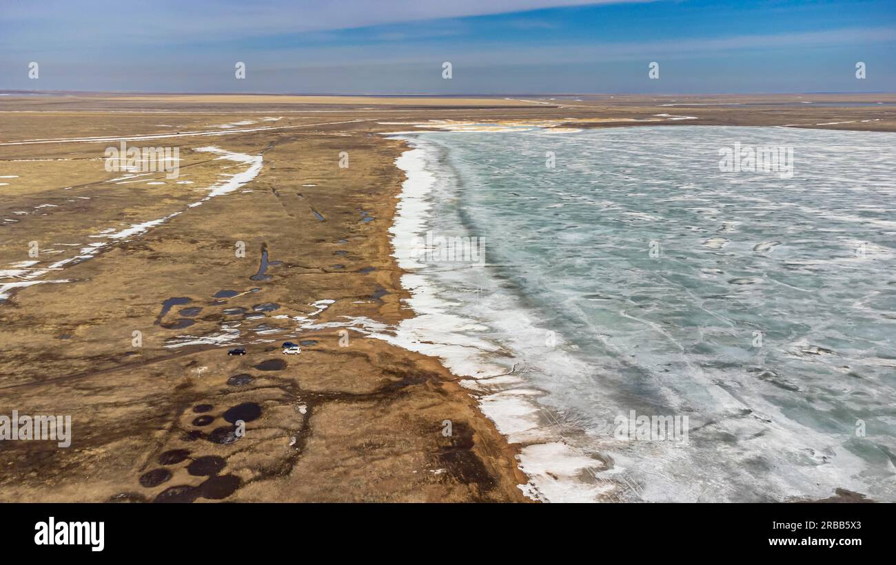 Aerial of lake Tengiz, Korgalzhyn Nature Reserve, UNESCO heritage site Saryarka â€” Steppe and Lakes of Northern Kazakhstan, Kazakhstan Stock Photo