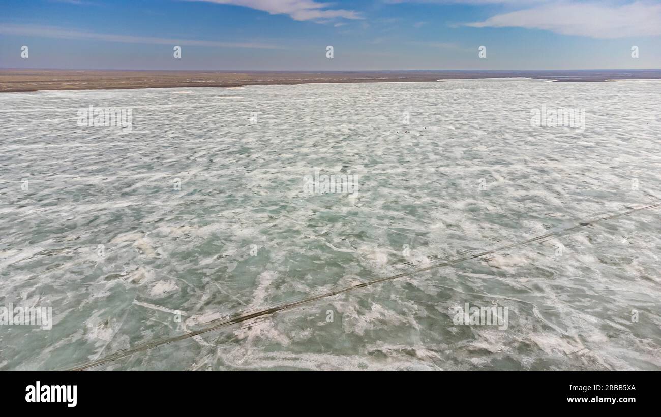 Aerial of lake Tengiz, Korgalzhyn Nature Reserve, UNESCO heritage site Saryarka â€” Steppe and Lakes of Northern Kazakhstan, Kazakhstan Stock Photo