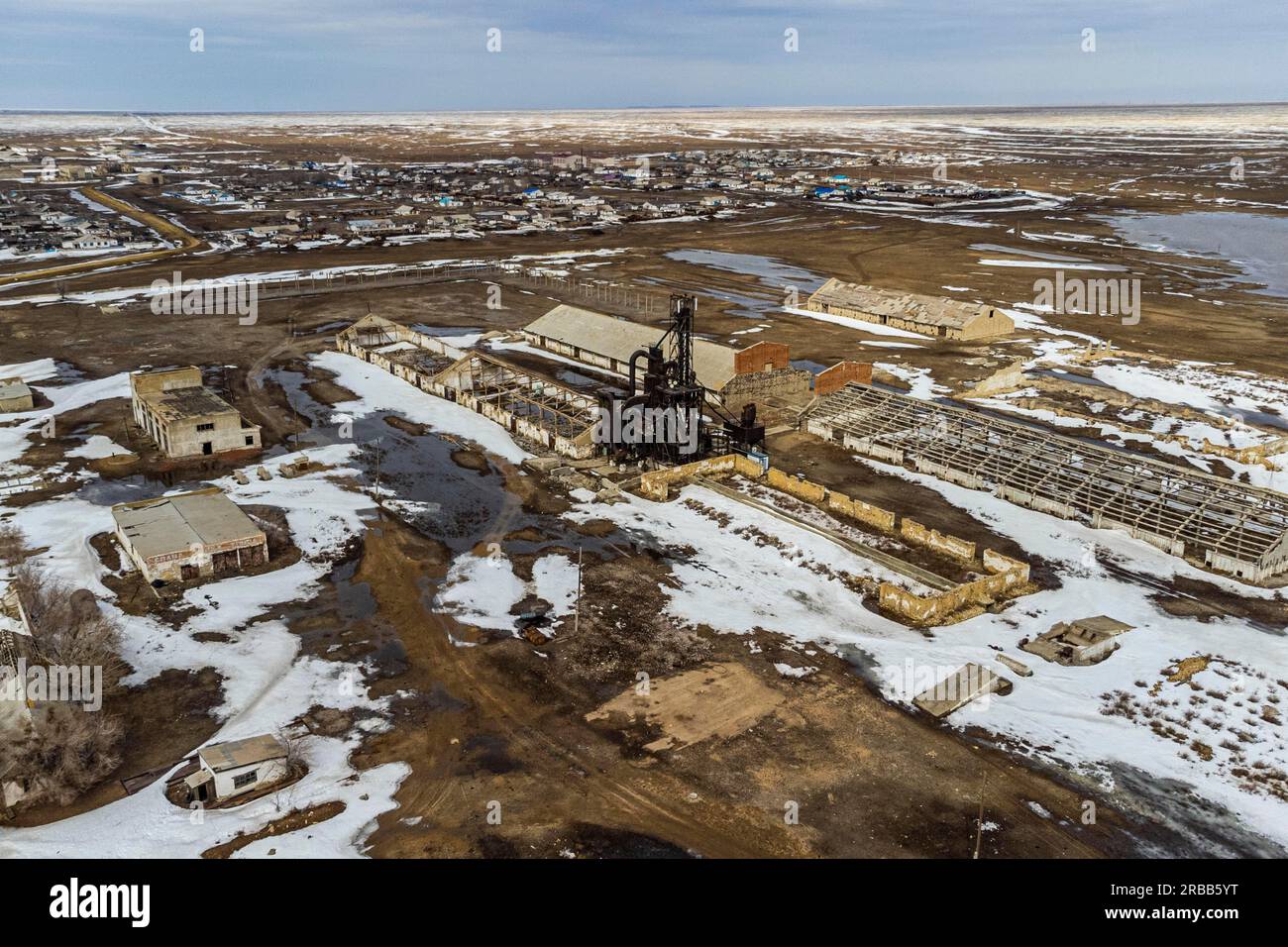 Aerial of an old wheat farm in the semi frozen earth, South of Kostanay, northern Kazakhstan Stock Photo