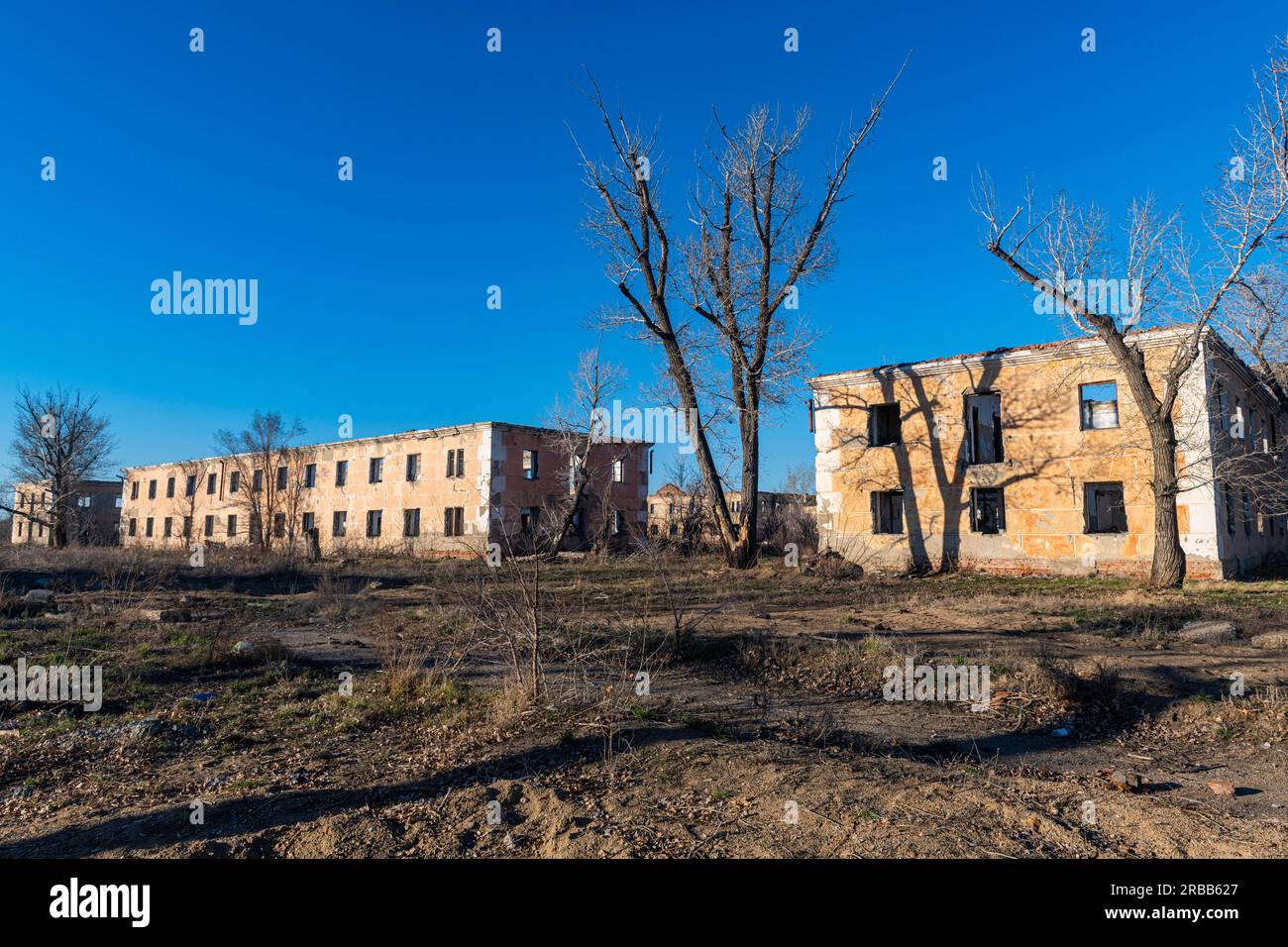 Collapsed building in Kurchatov, fomer headquarter of the Semipalatinsk Polygon, Kazakhstan Stock Photo