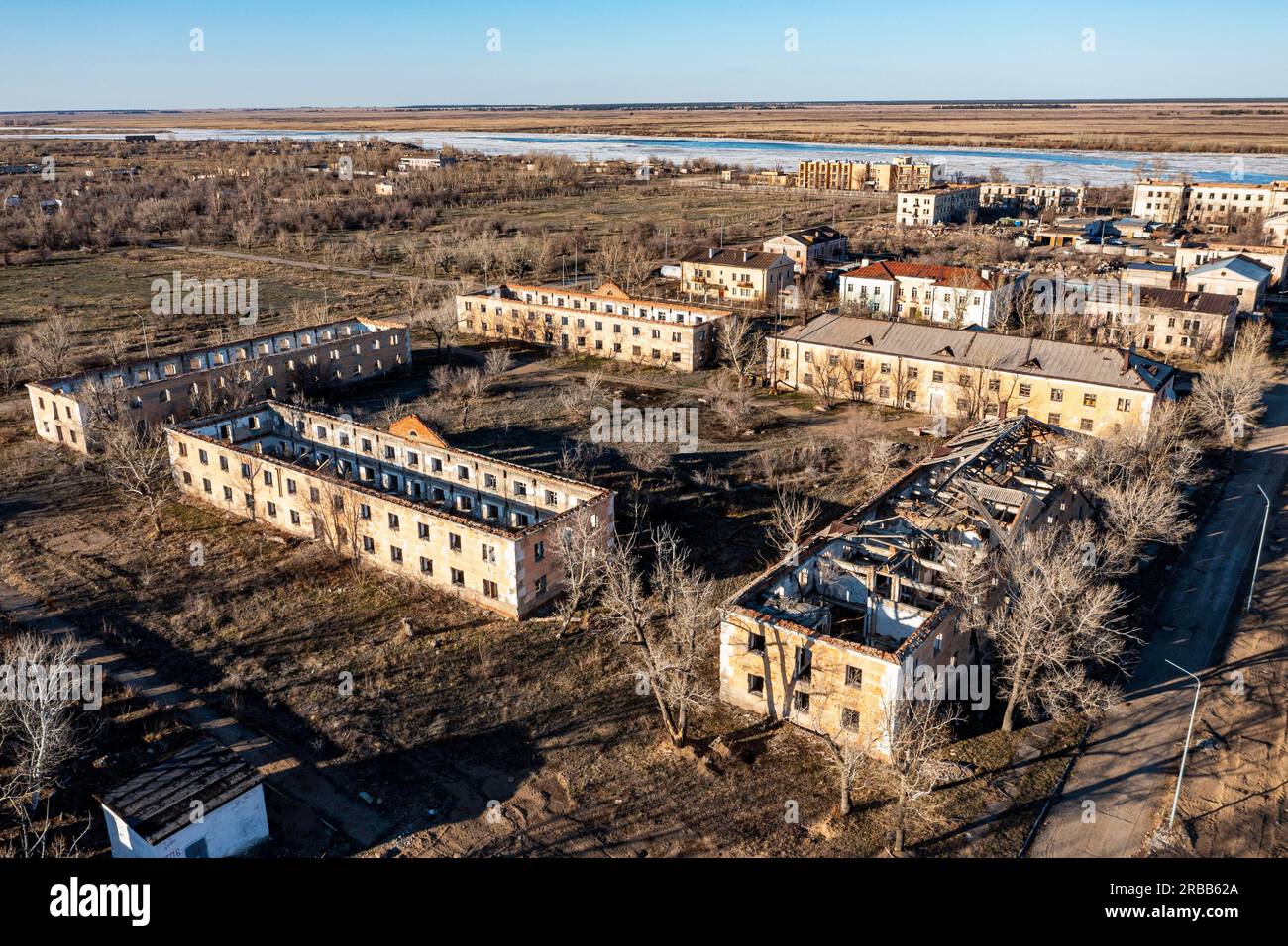 Aerial of collapsed buildings in Kurchatov, fomer headquarter of the Semipalatinsk Polygon, Kazakhstan Stock Photo