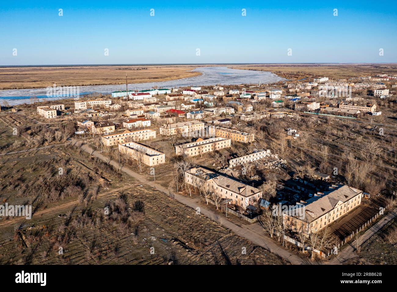 Aerial of collapsed buildings in Kurchatov, fomer headquarter of the Semipalatinsk Polygon, Kazakhstan Stock Photo