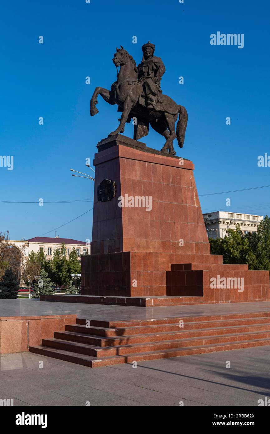 Taraz Akimat City Hall with Statue of Baydibek Batyr Riding a Horse, Taraz, Kazakhstan Stock Photo