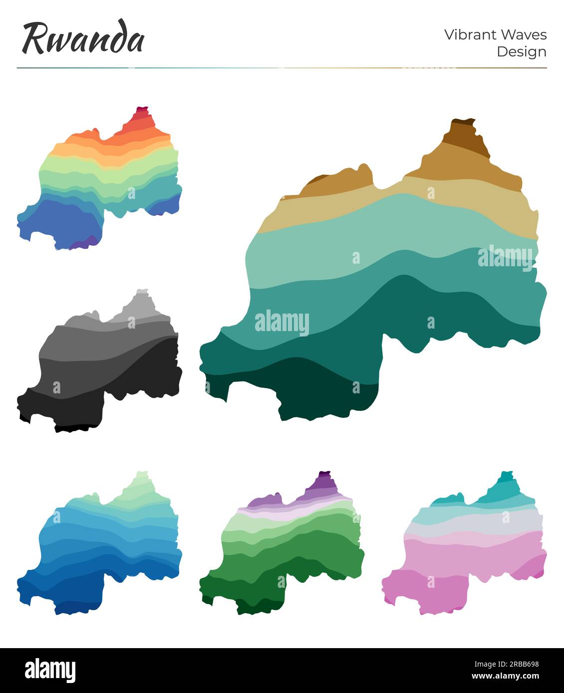 Set of vector maps of Rwanda. Vibrant waves design. Bright map of the ...