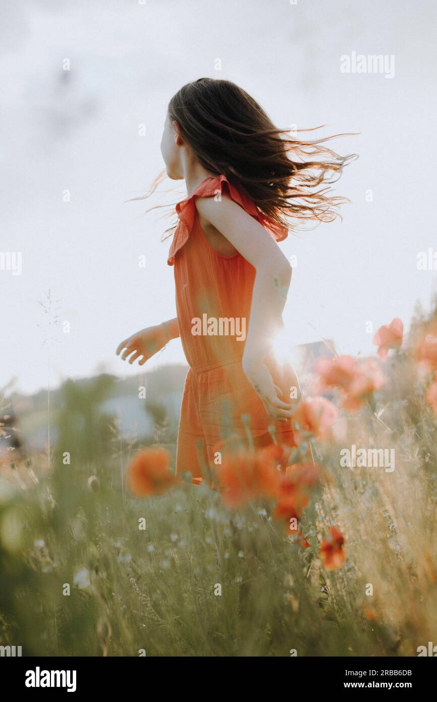 Girl in a red dress in a poppy meadow Stock Photo - Alamy