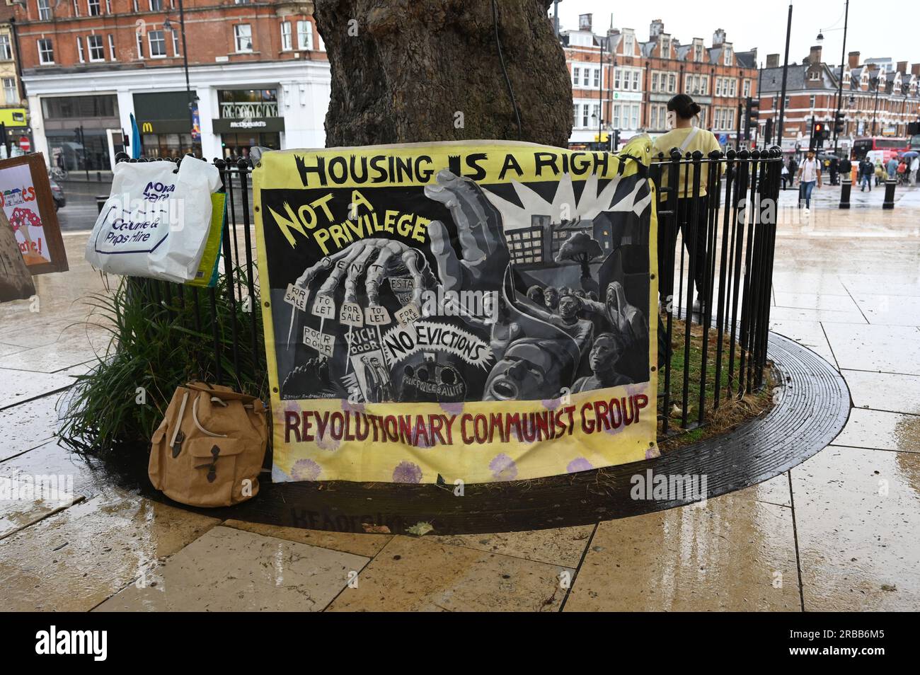 Windrush square, London, UK. 8th July, 2023. Housing Rebellion coalition With Refurbish, don't demolish lean a protest Estates at risk of demolition are Central hill estate, Cressingham estate and South Lambeth estate and other. Six estates are being destroyed in multi-million-pound developments that don't benefit local people. Protestors march from Windrush square to Broadstone house is a block on South Lambeth estate, is nearly empty. Housing for all. Credit: See Li/Picture Capital/Alamy Live News Stock Photo