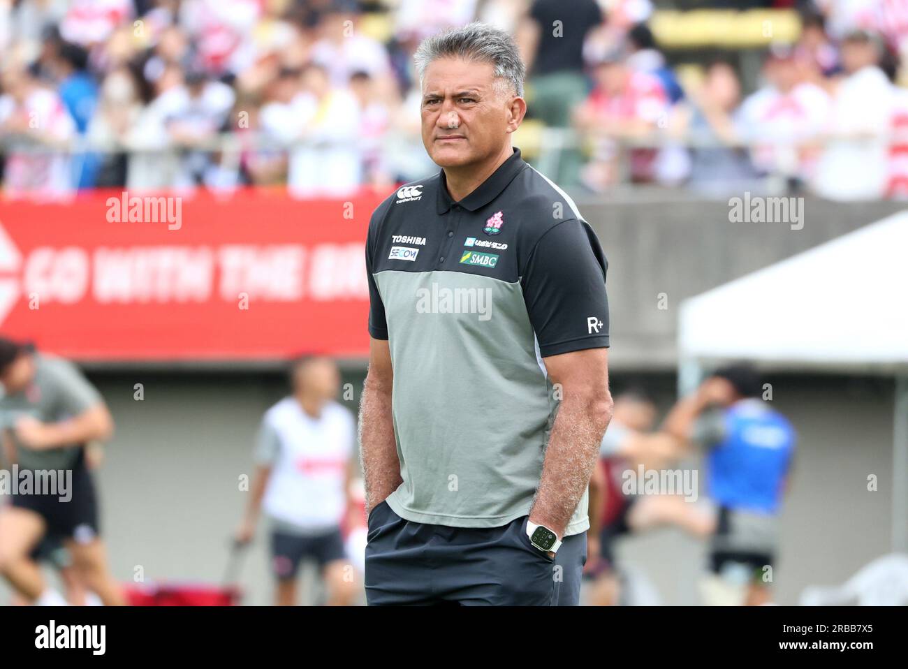 Tokyo, Japan. 8th July, 2023. Japan's head coach Jamie Joseph watches a warm-up of players before starting a rugby international friendly match Lipovitan D Challenge Cup against All Blacks XV at the Prince Chichibu stadium in Tokyo on Saturday, July 8, 2023. Japan XV was defeated by New Zealand's All Blacks VX 6-38. Credit: Yoshio Tsunoda/AFLO/Alamy Live News Stock Photo