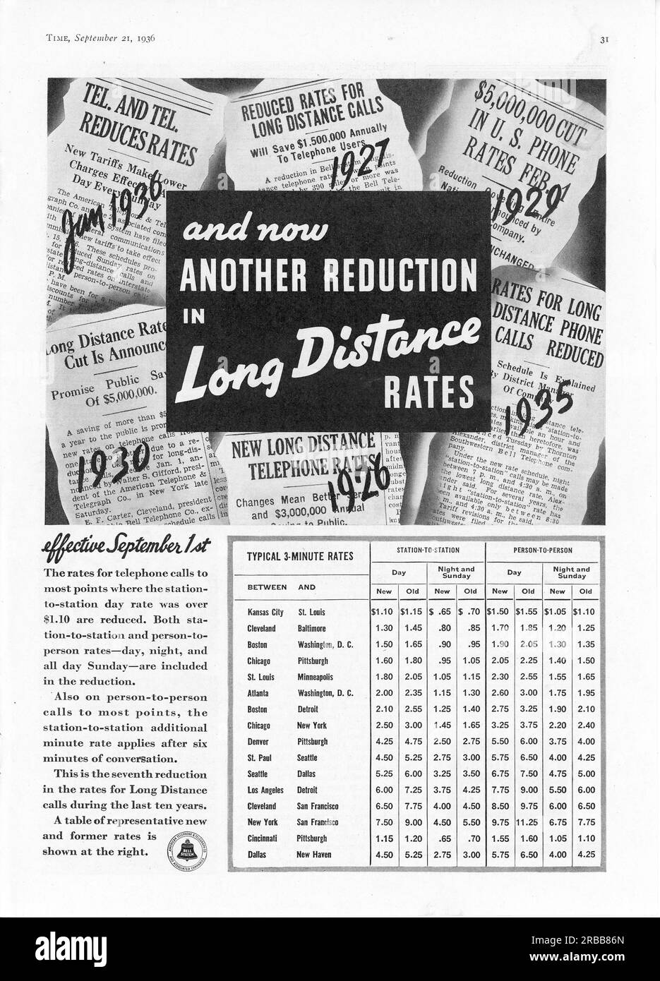 Vintage Time Magazine 21 September 1936 issue advert, USA Stock Photo