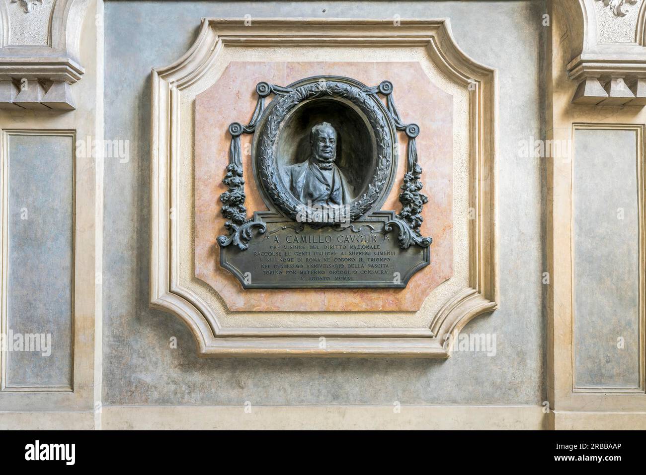 Bronze monument of Camillo Benso Count of Cavour, Camillo Benso Conte di Cavour, in the staircase Palazzo Madama, UNESCO World Heritage Site Stock Photo
