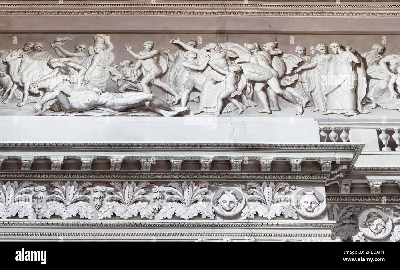 Antique decorative frieze fresco, trompe-l'oeil, illusionist painting, Hall of Honour, Salone d'onore, Castello Govone, architect Guarino Guarini Stock Photo