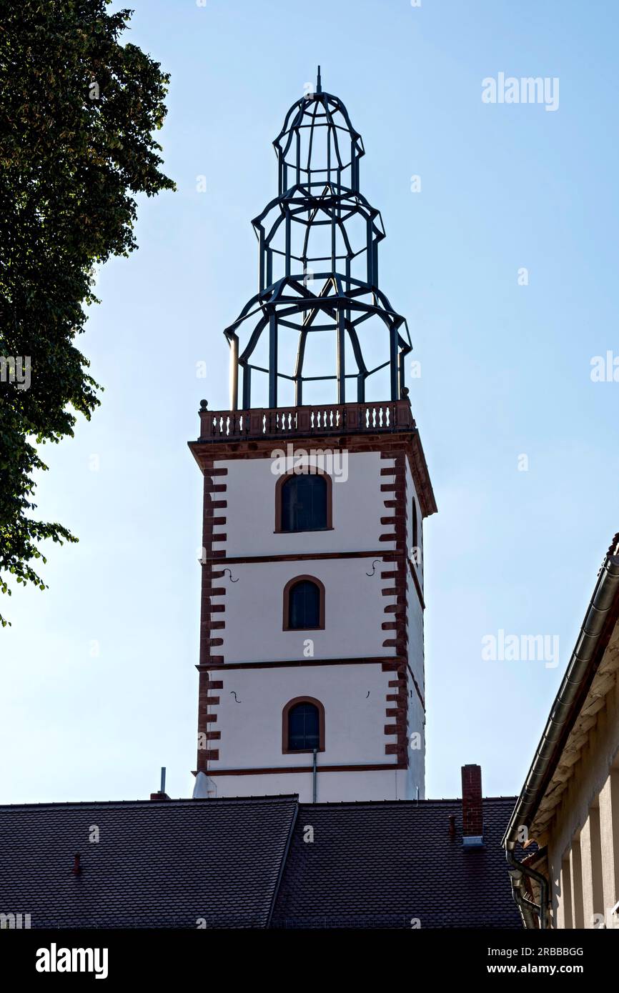 Spire, bell tower, Old St. John's Church, steel construction in the form of the original baroque spire, bonnet, roof, baroque, Old Town, Hanau Stock Photo