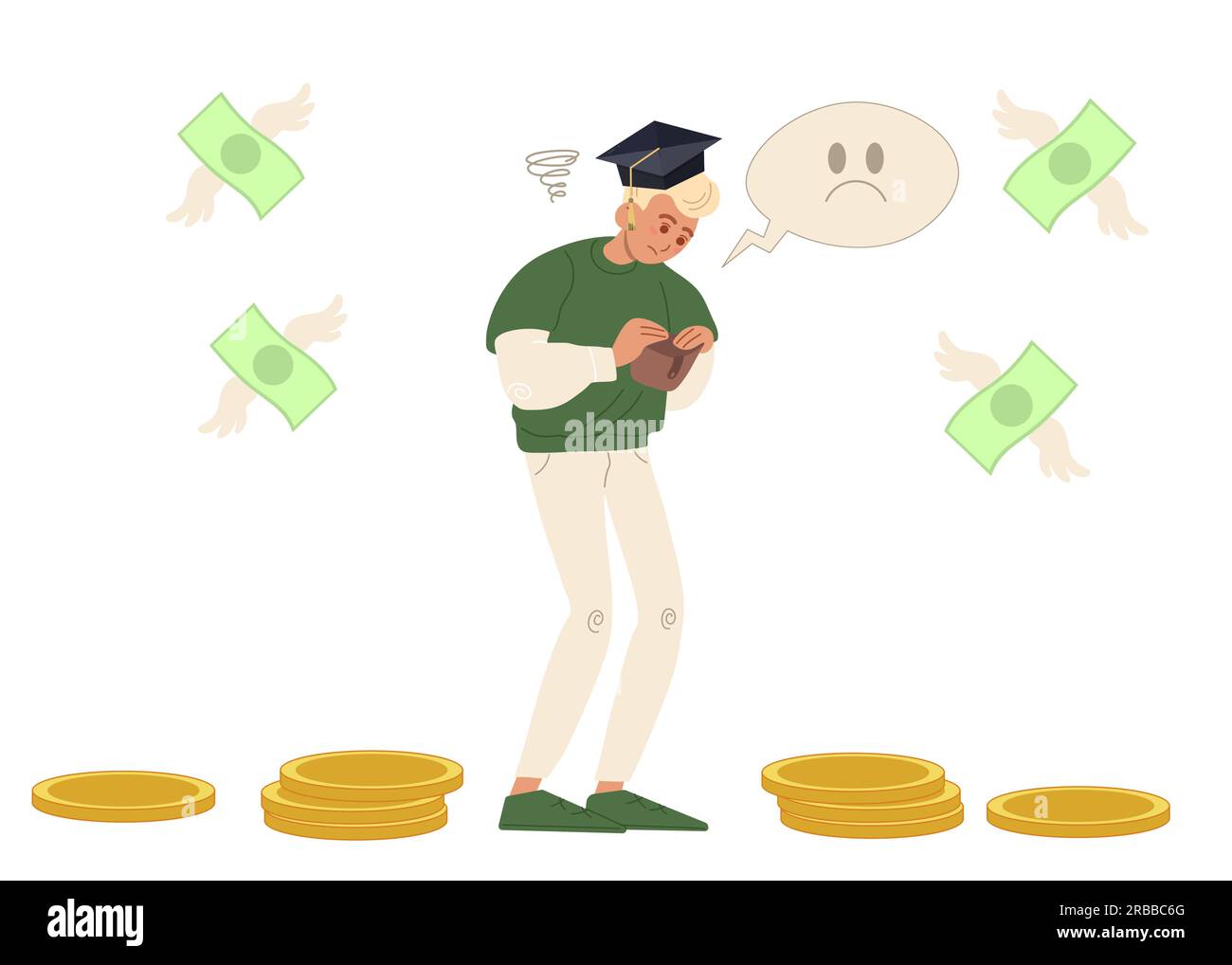 Student with empty wallet. Upset guy has no money. Finance problems concept. Vector illustration in cartoon style. Stock Vector