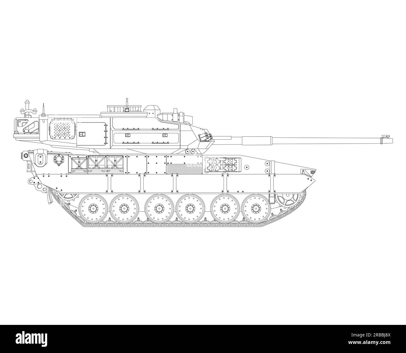 Main battle tank in line art. Armored fighting vehicle. Special combat military transport. Detailed illustration isolated on white background. Stock Photo