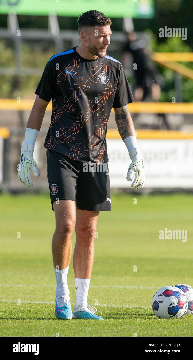 Southport, Merseyside, England, 7th July 2023. Blackpool goalkeeper Richard O'Donnell warms up ahead of kick off, during Southport Football Club V Blackpool Football Club at Haig Avenue, in a pre season friendly. (Credit Image: ©Cody Froggatt/Alamy Live News) Stock Photo