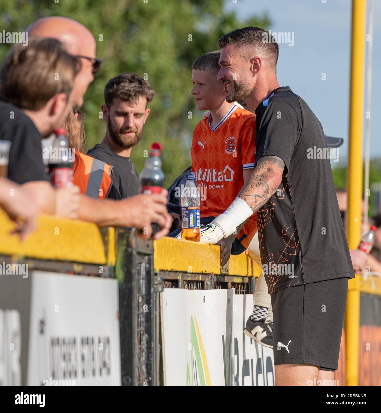 Southport, Merseyside, England, 7th July 2023. Blackpool goalkeeper Richard O'Donnell poses with fans ahead of kick off, during Southport Football Club V Blackpool Football Club at Haig Avenue, in a pre season friendly. (Credit Image: ©Cody Froggatt/Alamy Live News) Stock Photo