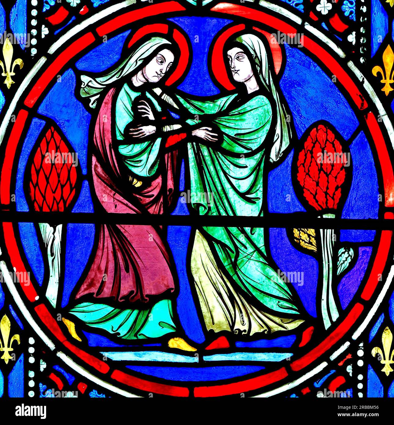 Nativity Window, stained glass by Oudinot of Paris, 1861, Feltwell Church, Norfolk, Visit of Virgin Mary to her cousin Elizabeth, visitation Stock Photo