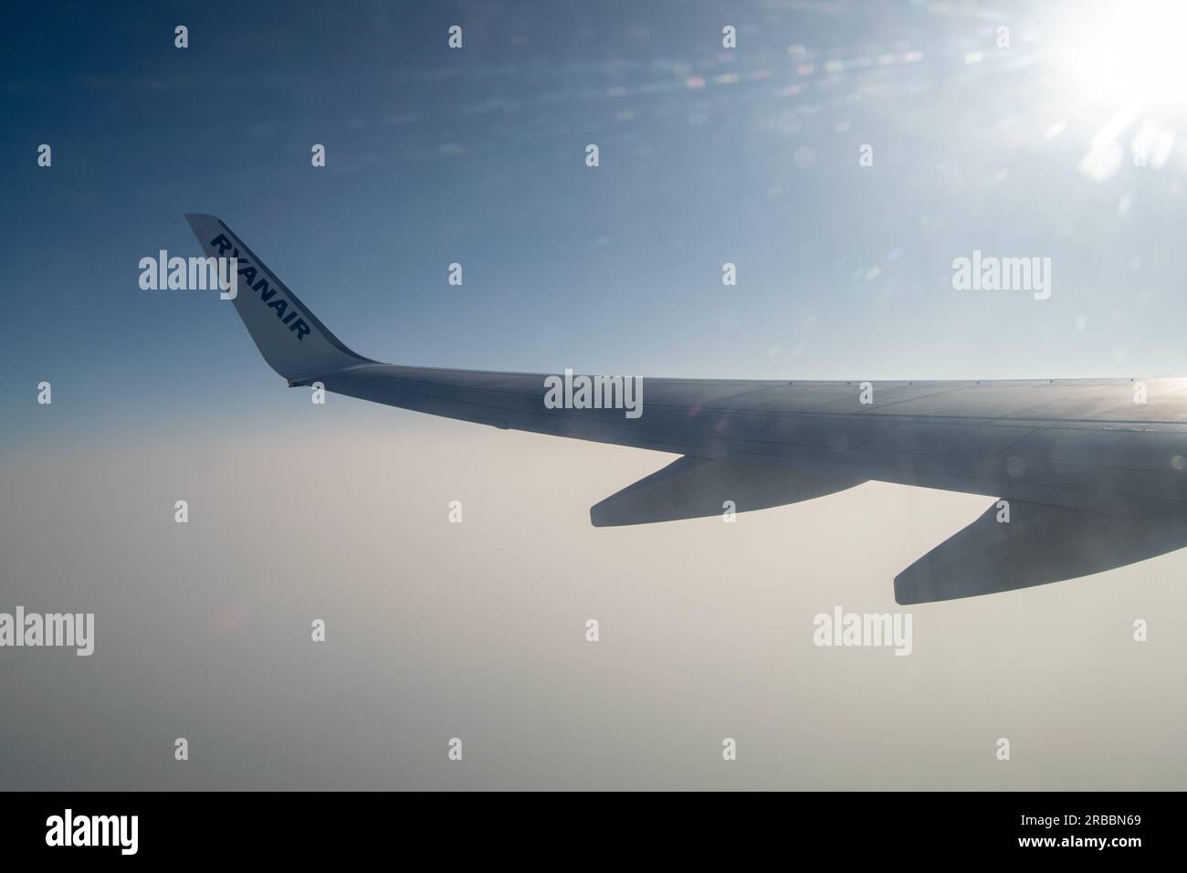 Ryanair flight, airbus wing from Ryanair airbus going to Mallorca island by daylight Stock Photo