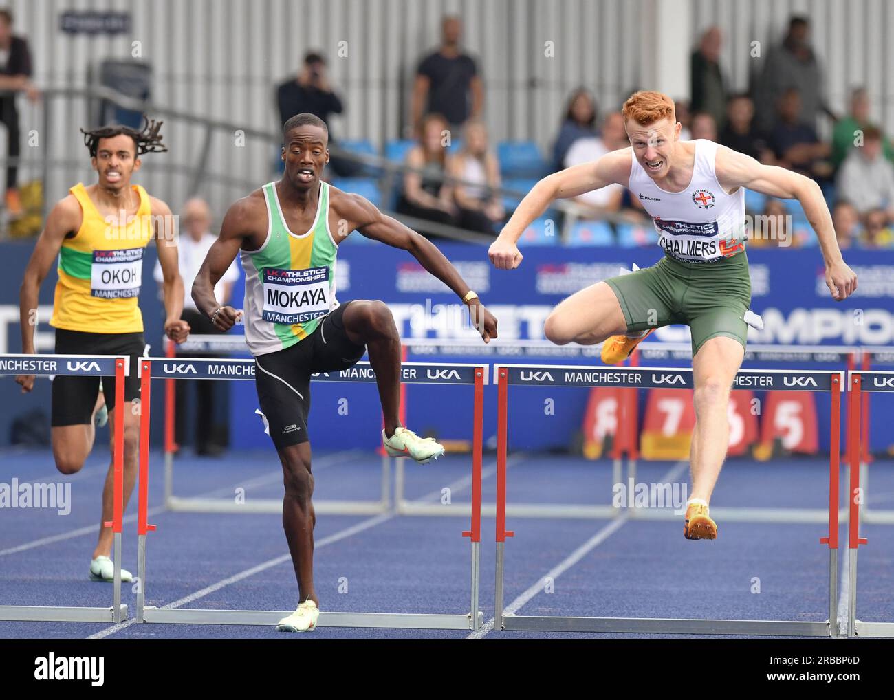 Manchester Regional Arena, Manchester, UK.  National UK Athletics Championships 2023.  Caption: CHALMERS and MOKAYA in the Mens Hurdles.  Picture: Mark Dunn/Alamy Live News (Sport) Stock Photo