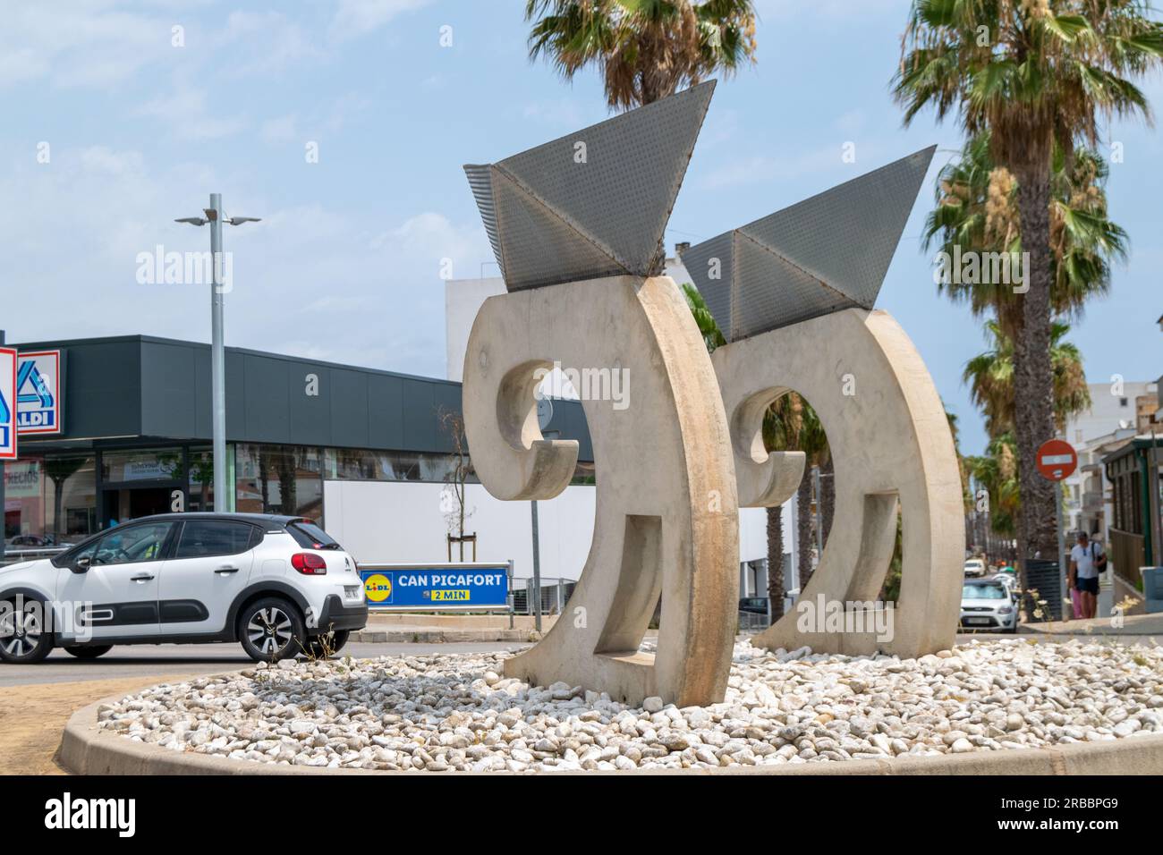 Roundabout in Palma de Mallorca without waves and boats sculptures Stock Photo