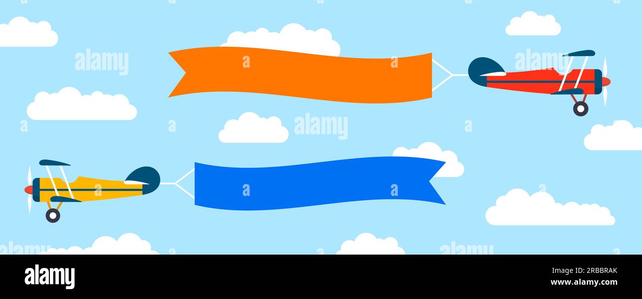 Plane with banner in flat style. Biplane flying with poster. Vector