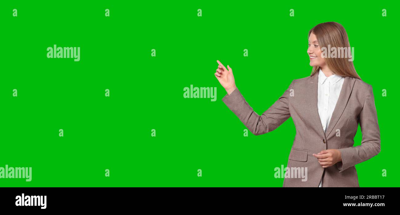 Chroma key compositing. Broadcaster against green screen, banner design Stock Photo