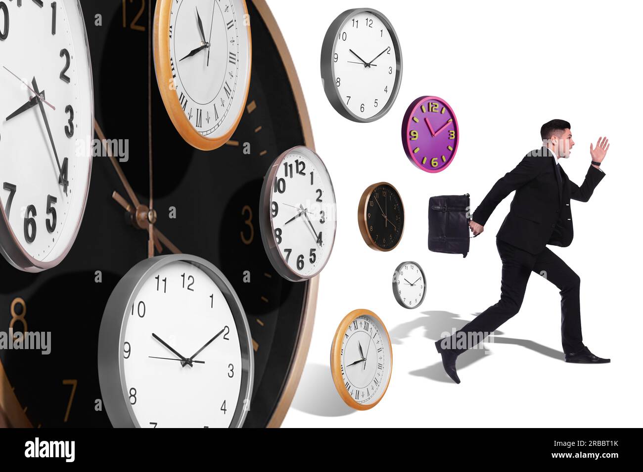 Deadline management. Businessman running away and many clocks chasing ...