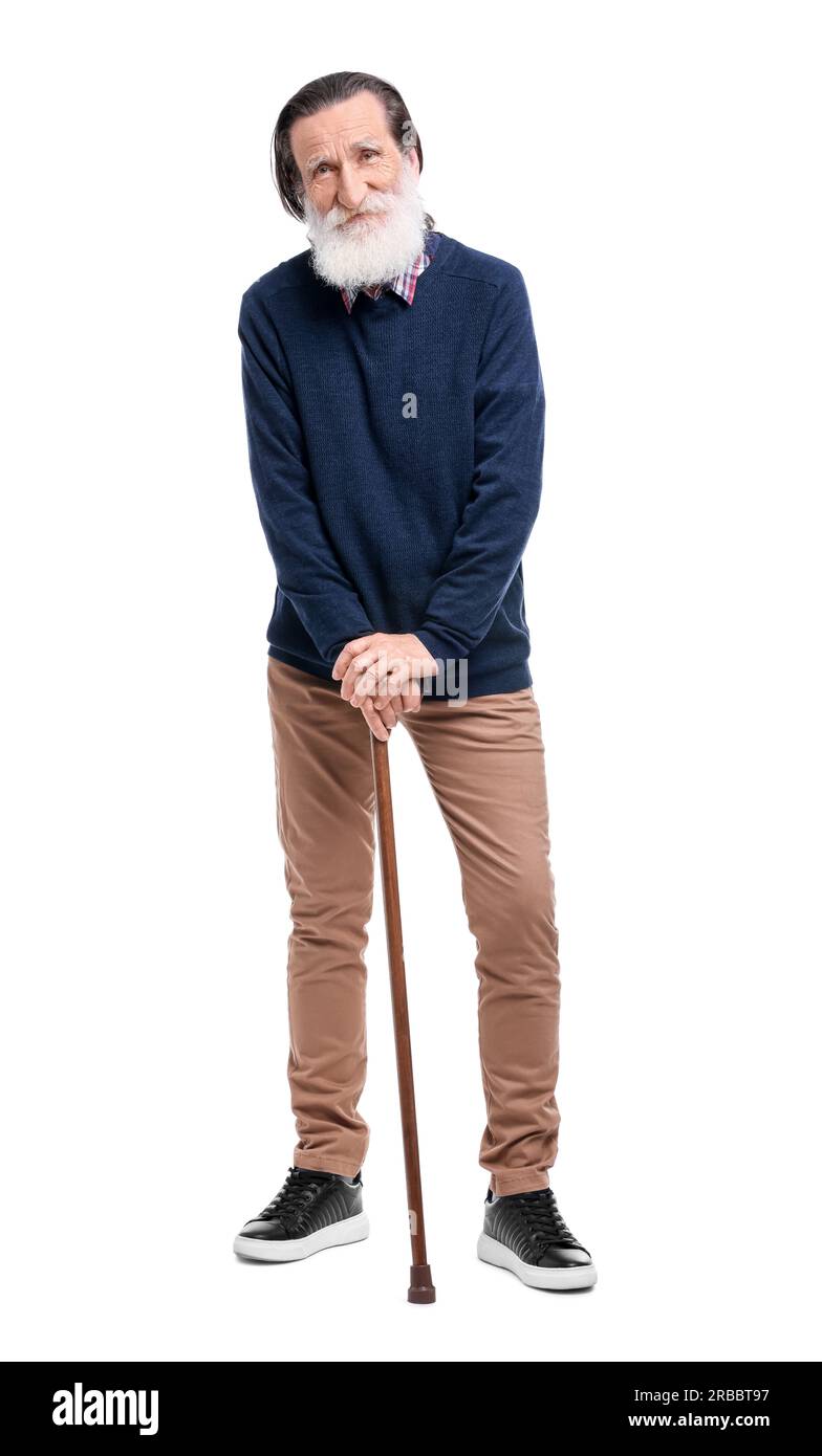 Senior man with walking cane on white background Stock Photo - Alamy