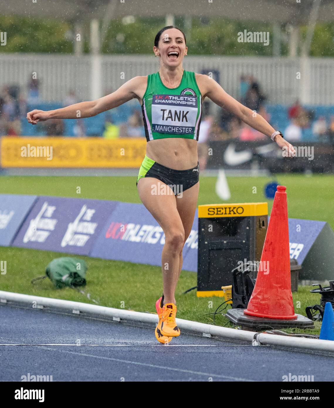 Manchester Regional Arena, Sportcity, Manchester, UK. 8th July, 2023. Poppy Tank crosses the finishing line to win gold in the ladies Steeplechase, during UK Athletics Championships 2023 at the Manchester Regional Arena. (Credit Image: Credit: Cody Froggatt/Alamy Live News Stock Photo