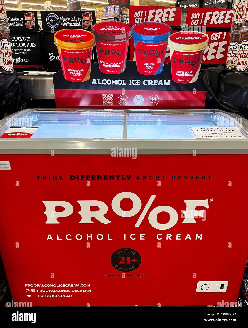 Freezer display with Proof Alcohol Ice Cream in a supermarket Stock