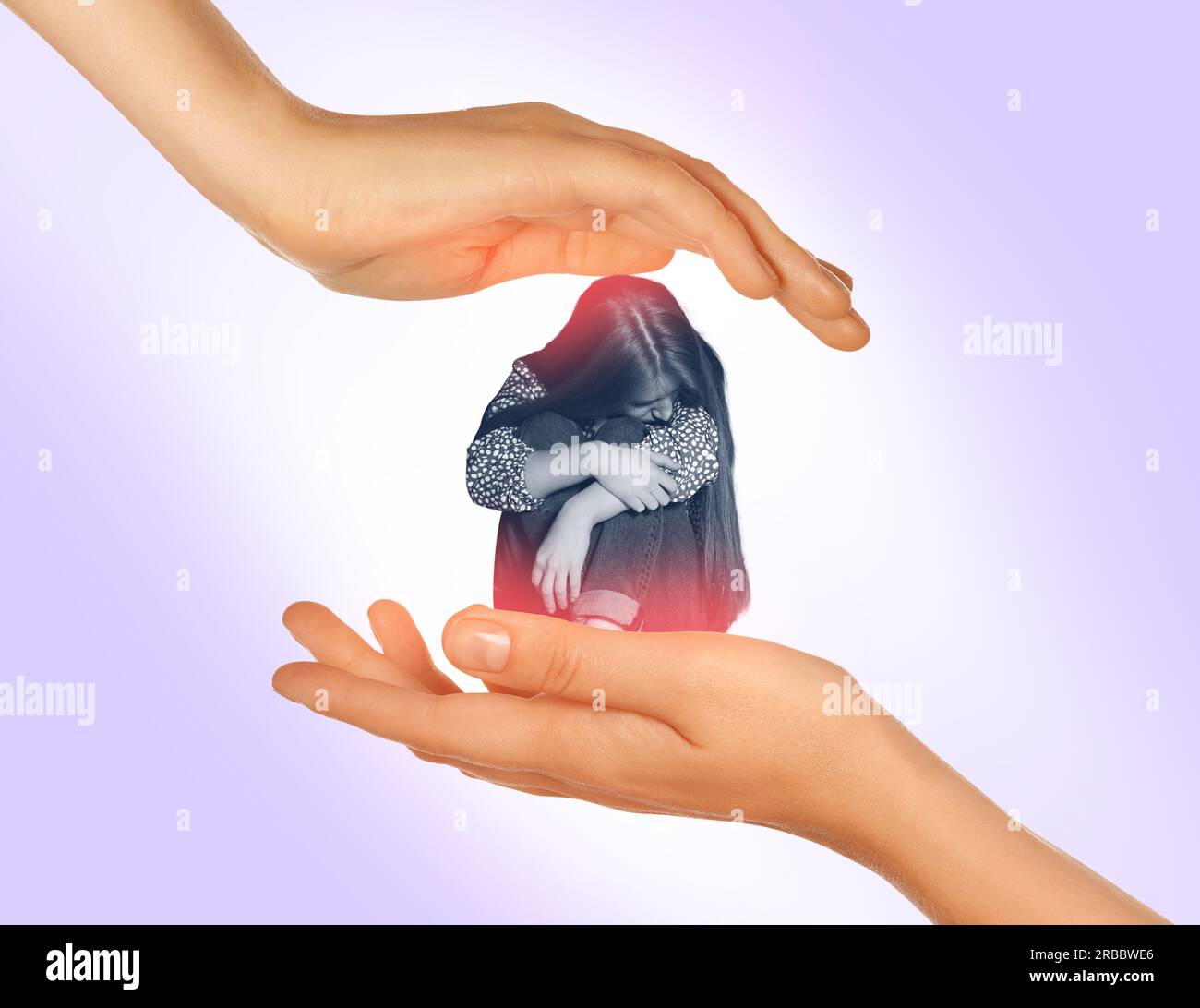 Empathy. Color toned photo of upset woman on violet background. Hands around her as symbol of emotional support Stock Photo