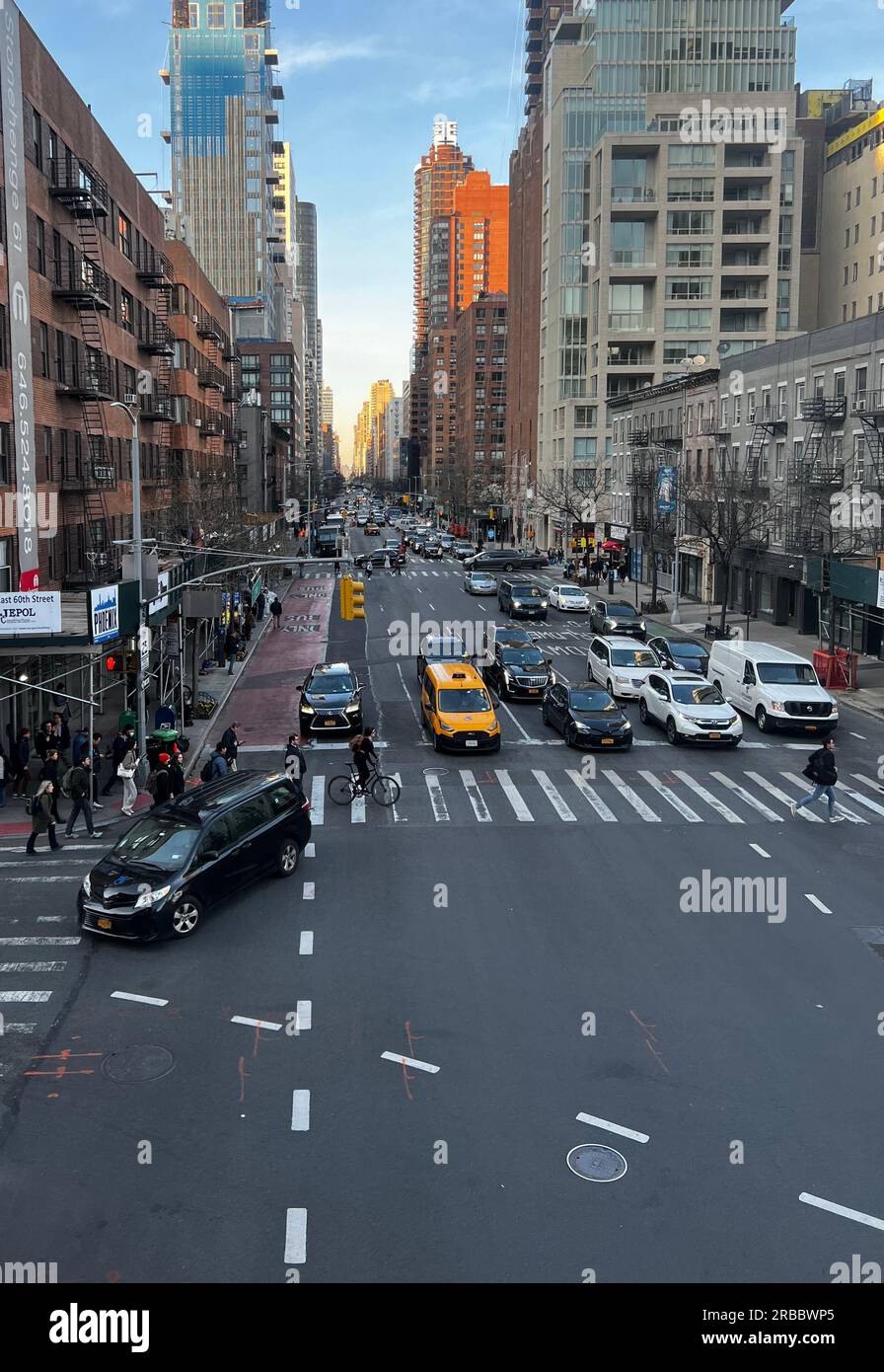 Aerial view of busy city streets on the east side of Manhattan Stock ...
