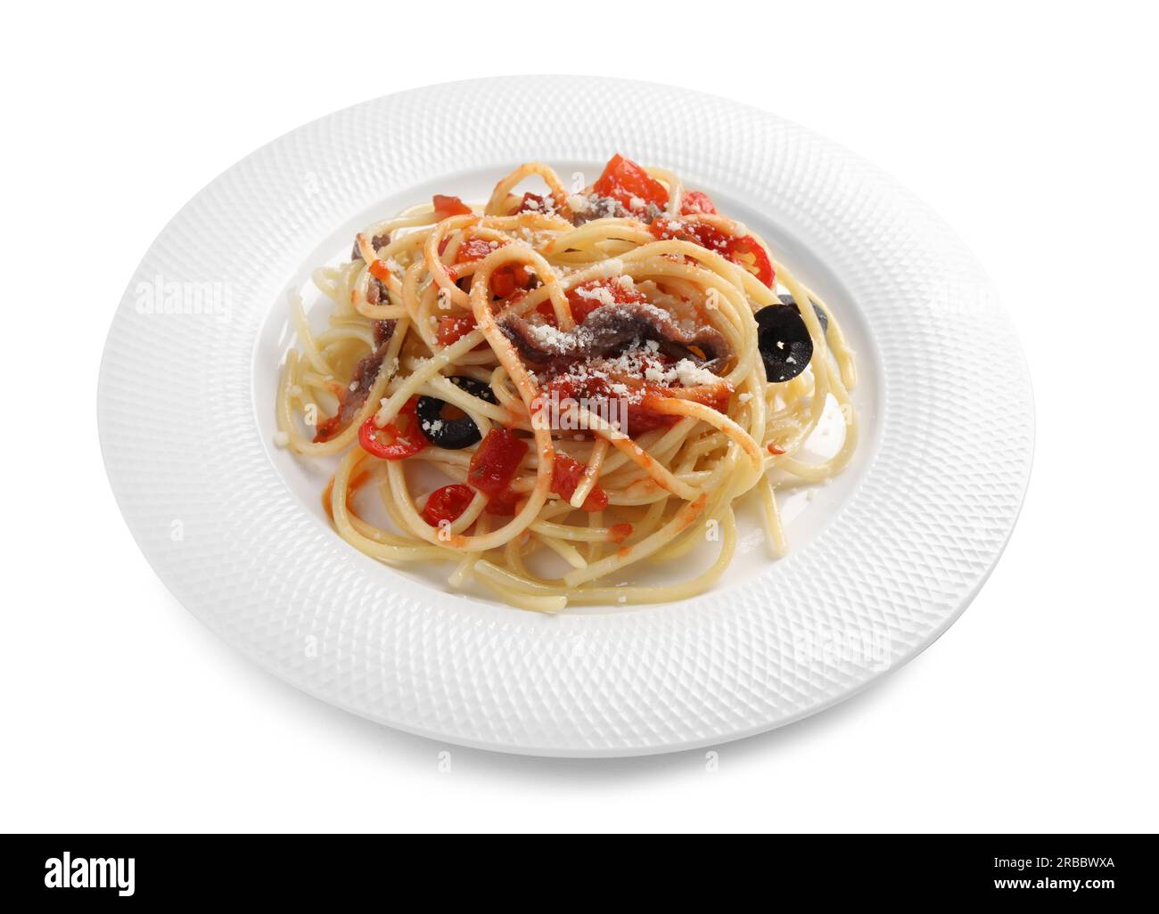 Plate of delicious pasta with anchovies, tomatoes and parmesan cheese