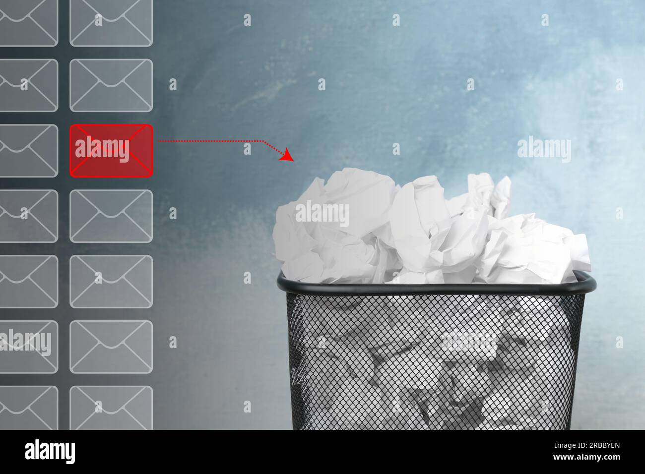 Red envelope among others with arrow leading to bin symbolizing spam removing Stock Photo