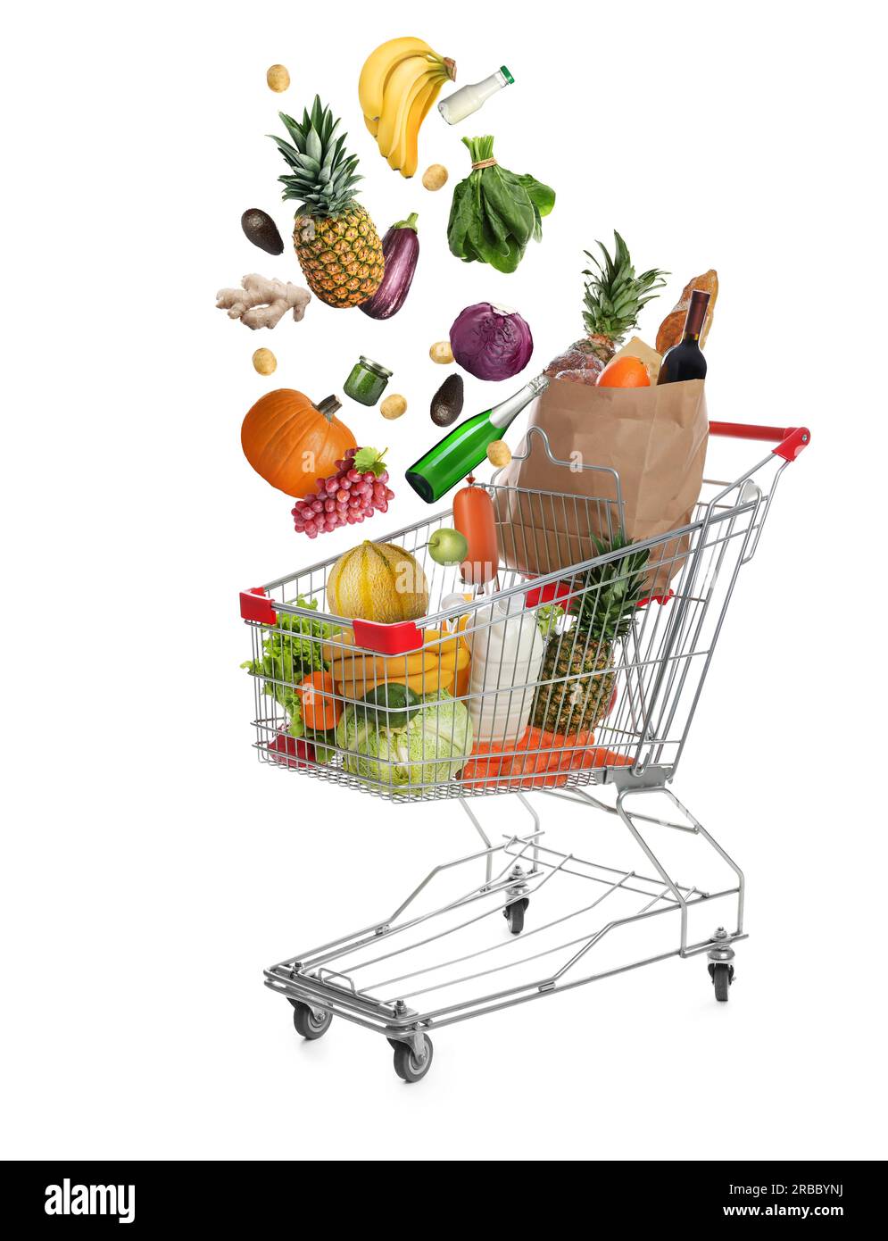 Market assortment. Different products falling into shopping cart on