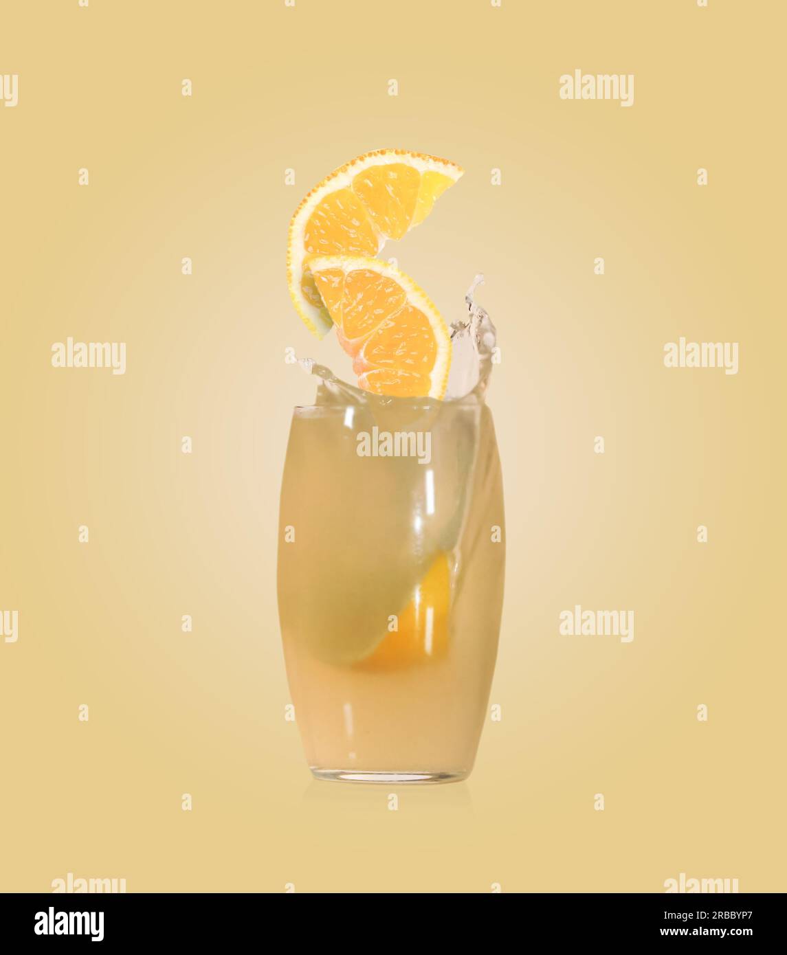 Splashing Freshly Made Lemon Juice On Pale Yellow Background Slices Of